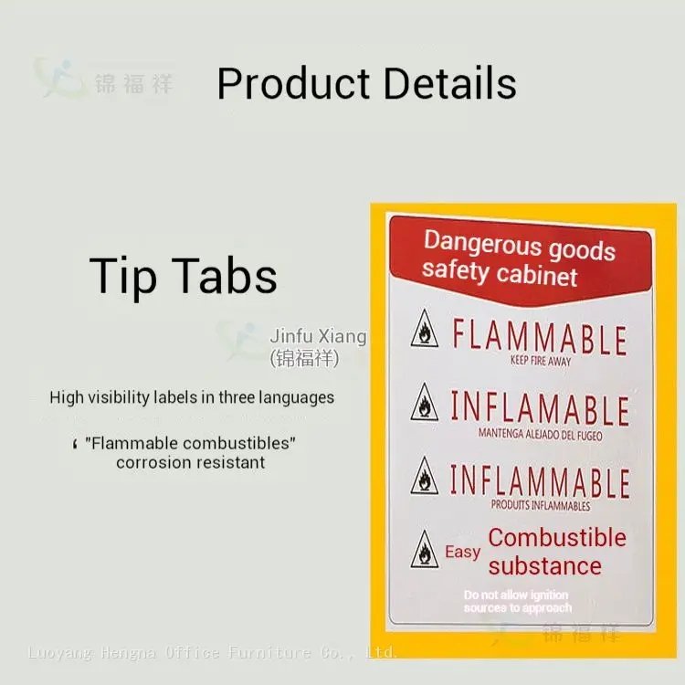 Product detail of a hazardous goods safety cabinet, highlighting high-visibility warning labels in multiple languages (English, French, Spanish, Chinese) with the instruction "KEEP FIRE AWAY".