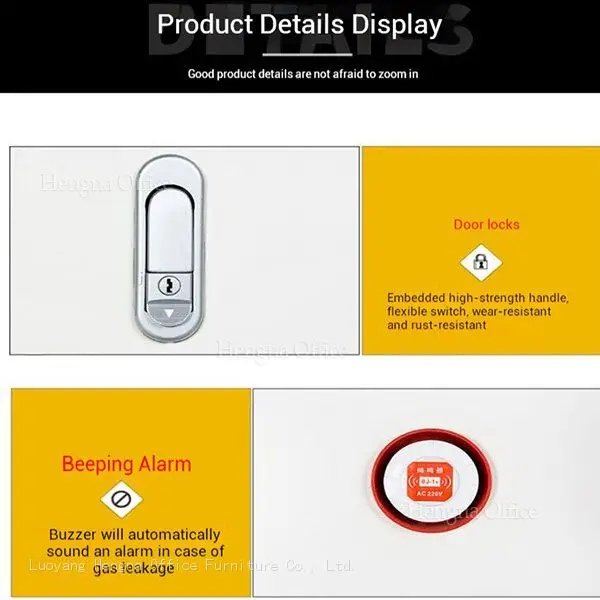  Gas Cylinder Cabinet details showing a door locks, and a beeping alarm for gas leakage detection.