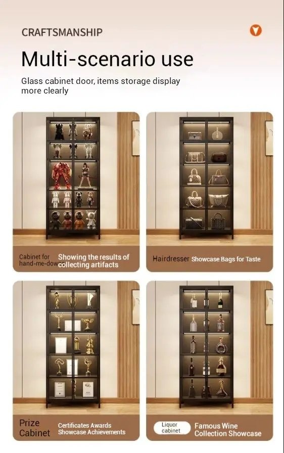 Multi-scenario glass display cabinet for storing collectible artifacts, hairdresser showcase bags, award certificates, and liquor collections.