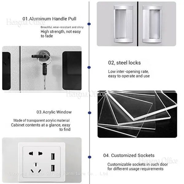 Exploded View of Charging Cabinet Components: Aluminum Handle, Steel Locks, Acrylic Window & Custom Sockets