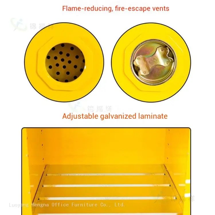 Close-up detail of the flame-arresting vent and adjustable galvanized laminate inside a chemical storage cabinet.