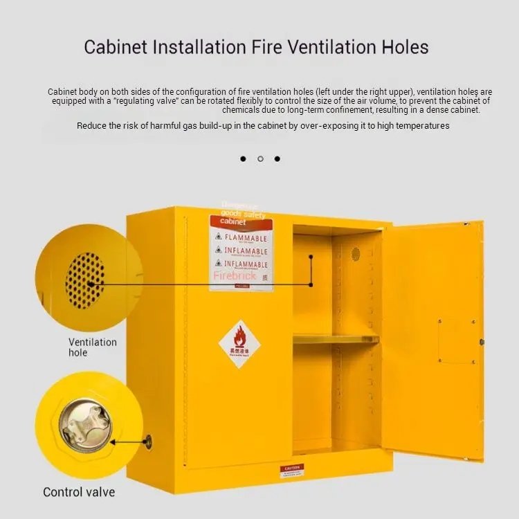 Close-up of a flammable safety cabinet's side, showing a fire ventilation hole with a control valve to regulate airflow and prevent hazardous gas buildup. Bilingual warning labels are visible.