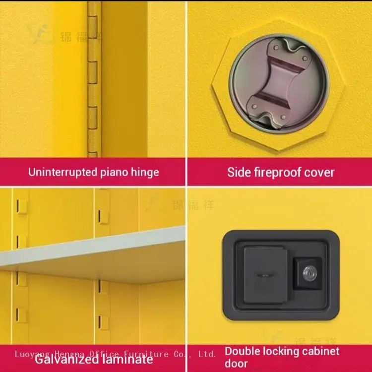 45-gallon capacity, explosion-proof safety cabinet in red, yellow, or blue, featuring a double-door design and dimensions of 1650x1090x460mm.