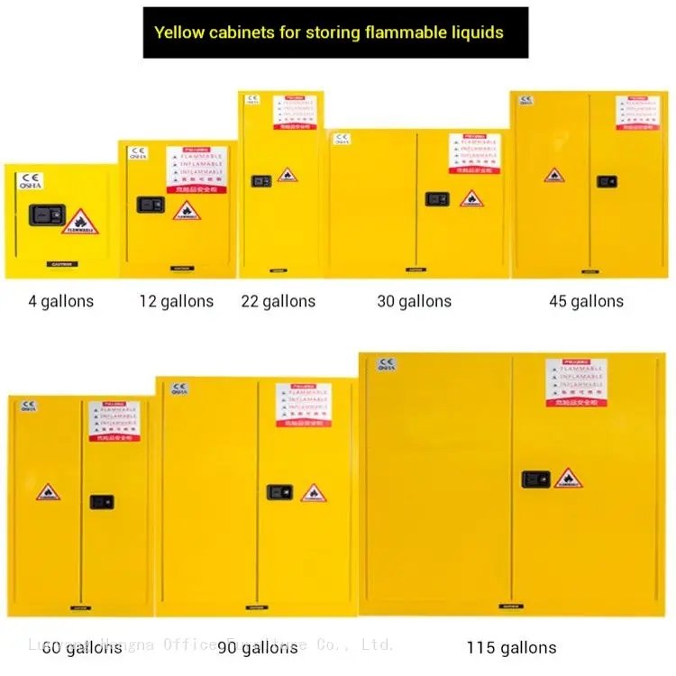 Different size of Yellow cabinets for storing flammable liquids: 4 12 22 30 45 60 90 115 gallons