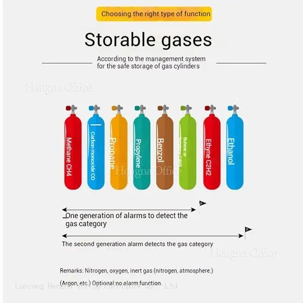 Diagram for choosing the right gas cylinder cabinet function, listing storable gases like Methane, Carbon Monoxide, and Propylene, and showing two generations of gas detection alarms, with a note that alarms are optional for inert gases like Nitrogen and Argon.

