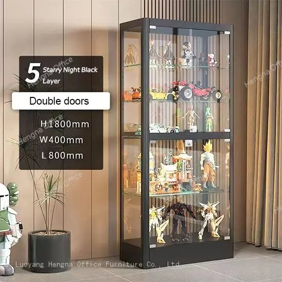 Stray night black double-door glass display cabinet with dimensions 1800mm height, 500mm width, and 800mm length.

