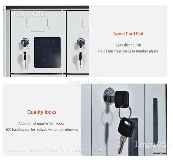 Close-Up Details of Mobile Charging Locker: Name Card Slot and High-Security Quarter-Turn Locks