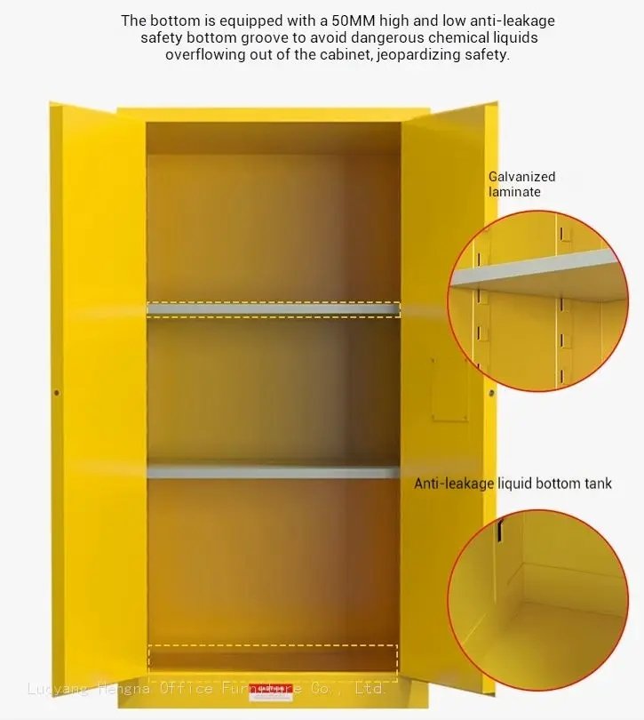 Close-up of the explosion-proof safety cabinet base, showing the 50mm high anti-leakage sump and galvanized laminate, designed to prevent hazardous chemical spills.
