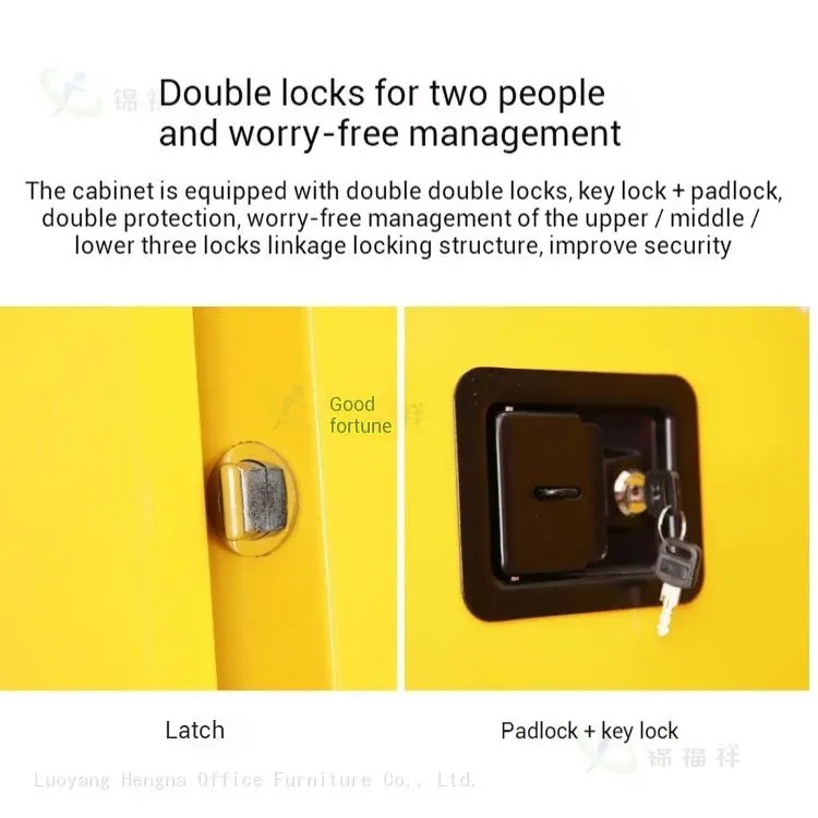 Close-up of a safety cabinet's dual-locking system, showing a key lock and a padlock for double protection and managed access. Features a three-point linkage locking structure.