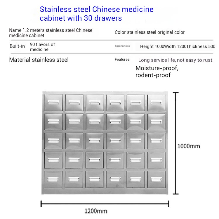 Stainless Steel 30-Drawer Chinese Herbal Medicine Cabinet for Clinics & TCM Pharmacies | 201 Steel, 3 Herbs per Drawer