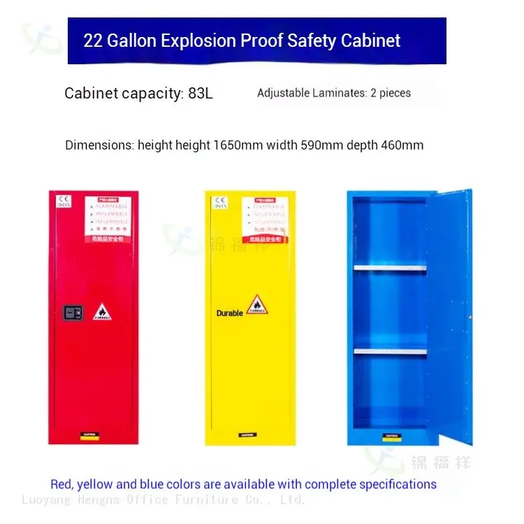 22-Gallon Cabinets, featuring dimensions 1650mm H x 590mm W x 460mm D, available in red, yellow, and blue color options.