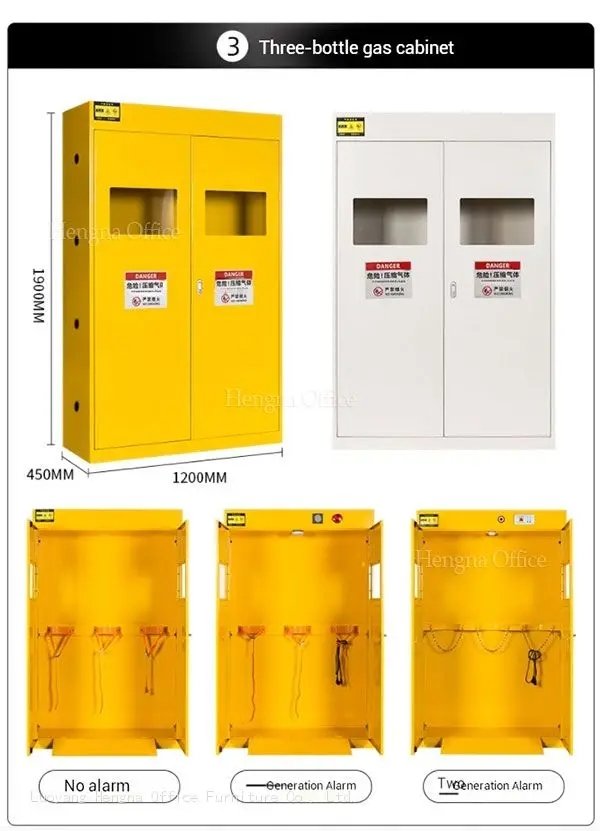 Three-bottle gas cabinet diagram showing dimensions 450mm in width and 1200mm in height, with configuration options for No Alarm, First Generation Alarm, and Second Generation Alarm systems.