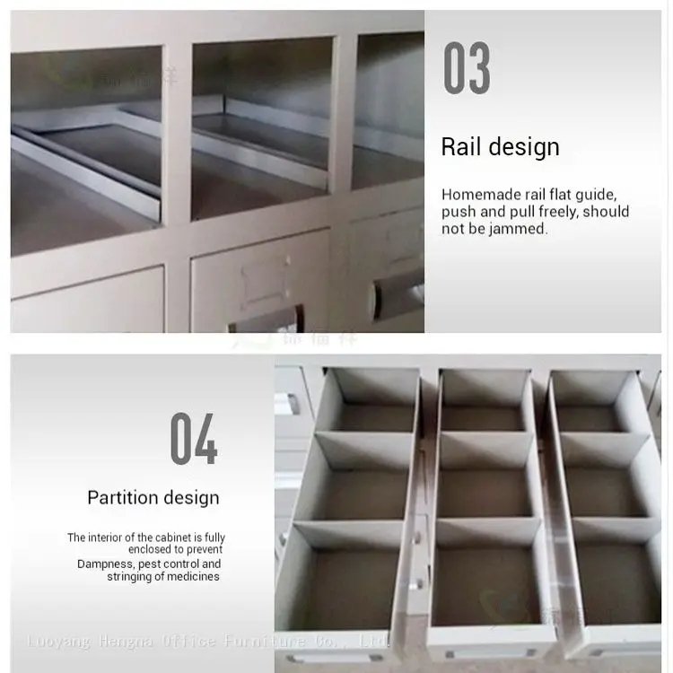 Internal view of herbal medicine cabinet showing smooth homemade slide rails and fully enclosed compartments to prevent dampness and insects