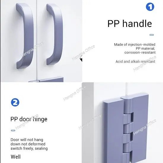 Close-up of a PP cabinet door handle and hinge made of injection-molded polypropylene, highlighting corrosion resistance and smooth, durable operation.

