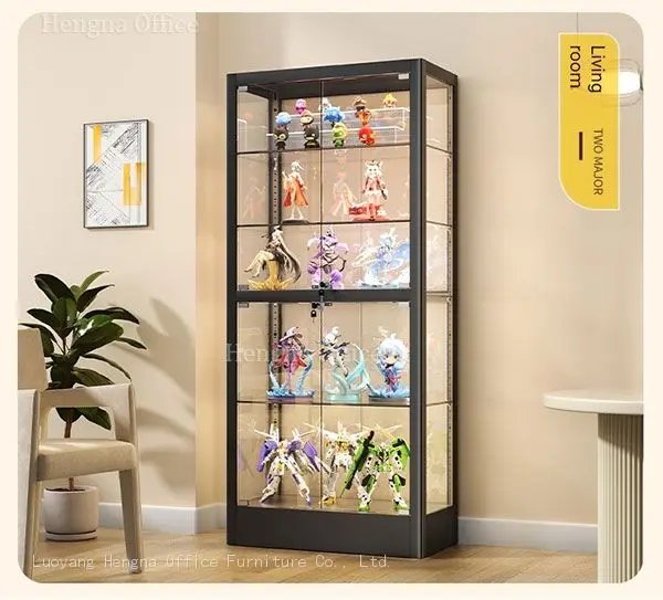 Modern glass display case in a living room or office setting

