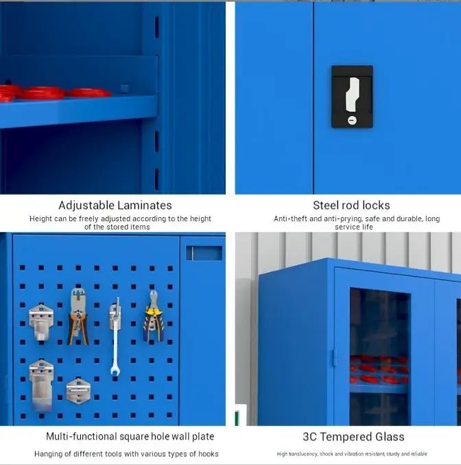 Close-up of industrial tool cabinet features including adjustable laminates, steel rod locks, multi-functional square hole wall plate (pegboard)