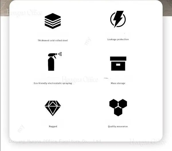 Close-up details of a Hengna Office storage cabinet featuring thickened cold-rolled steel, leakage protection, eco-friendly electrostatic spraying, and mass storage design.