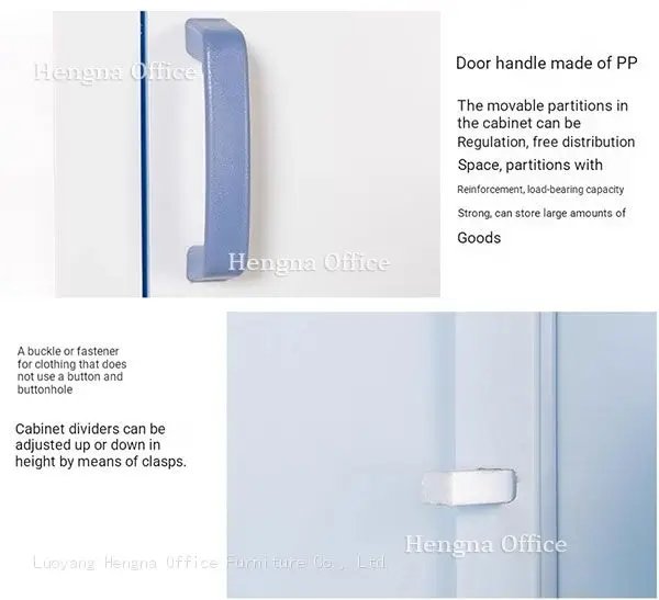 Close-up of  PP chemical cabinets interior featuring adjustable dividers secured with clasps, a PP door handle, and reinforced movable partitions for heavy-duty storage.