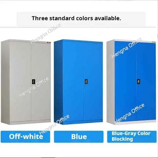 Double-door metal storage cabinet displaying three standard available colors: Off-white, Blue, and Blue-Gray Color Blocking