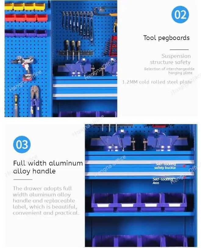 Detailed view of blue tool cabinet showing tool pegboards (1.2MM cold rolled steel plate), full width aluminum alloy drawer handles, and self-locking safety buckles on storage bins.