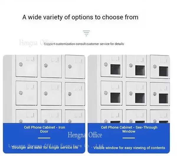 cell phone charging cabinets options: iron door and see-through window models, both customizable for secure and visible storage.