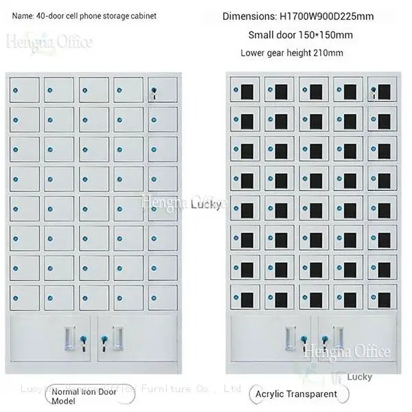 Specifications for a 40-door cell phone charging cabinet by Hengna Office, dimensions H1700 x W900 x D225mm, available in normal iron door or acrylic transparent door models.

