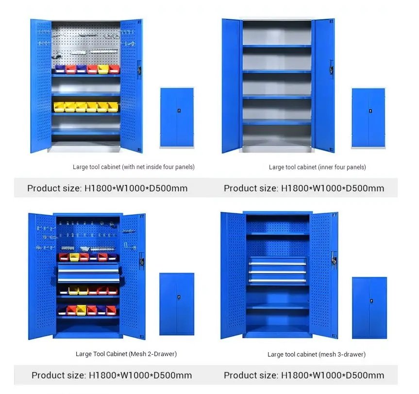 Four different blue industrial tool cabinet models for tool management (net inside, inner panels, mesh 2-drawer, mesh 3-drawer) with product size H1800*W1000*D500mm displayed underneath