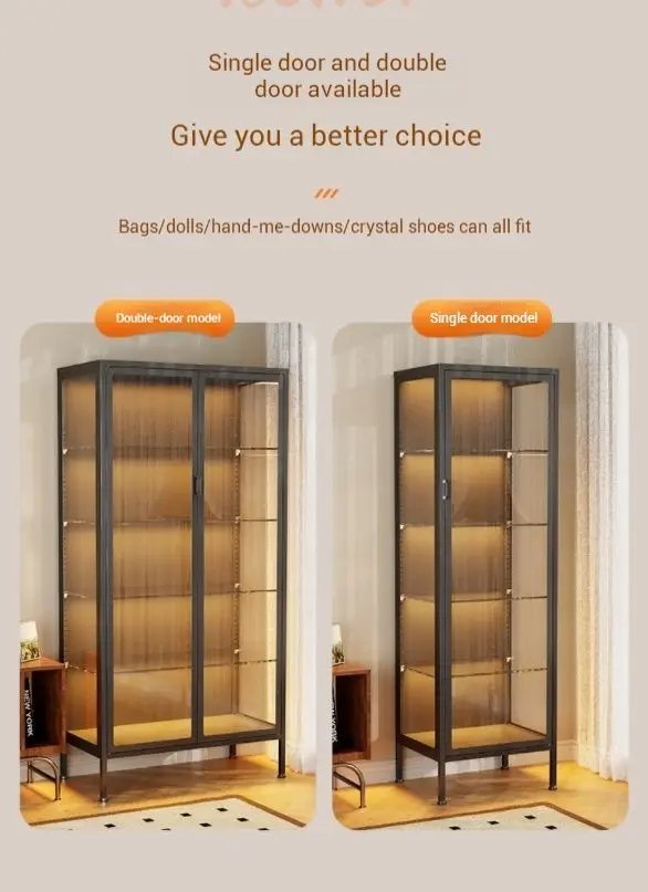 Single door and double door glass display cabinet options for bags, dolls, and collectibles