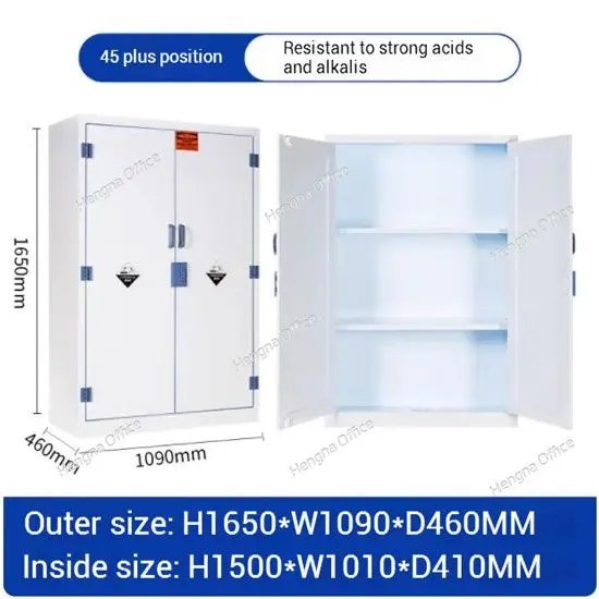 A large 45-gallon PP acid and alkali resistant cabinet with labeled external and internal dimensions: 1650mm height, 1090mm width, 460mm depth.