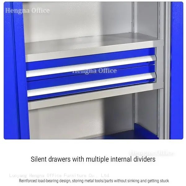 A tool storage cabinet by Hengna Office featuring silent, smooth-gliding drawers with multiple internal dividers and a reinforced load-bearing design for heavy metal tools and parts.