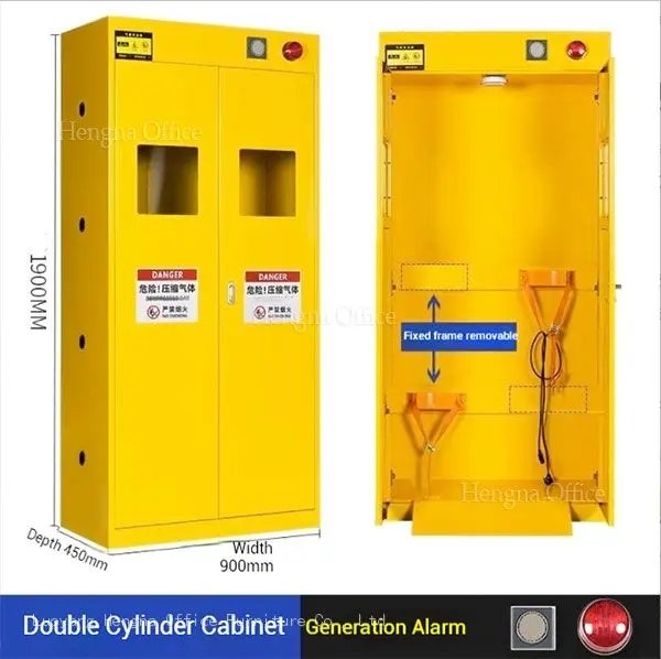  Double Cylinder Cabinet dimensions diagram, showing height 1900mm, width 450mm, depth 900mm, with labels for different alarm generations: No Alarm, First Generation Alarm, Second Generation Alarm 
