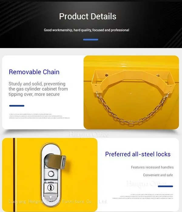 Product detail showcase with text highlighting good workmanship, hard quality, and professional focus. Features an image of a removable chain described as sturdy and solid for the gas cylinder storage