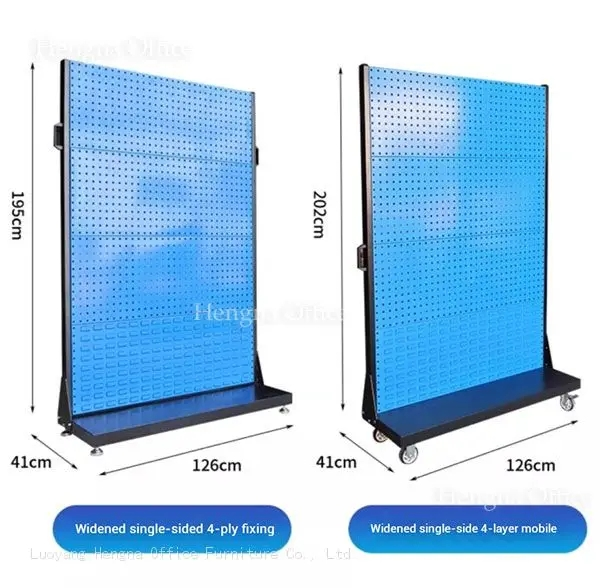 Comparison of standard single-sided 4-layer fixed (190cm high) and mobile (190cm high) tool racks with dimensions in centimeters.