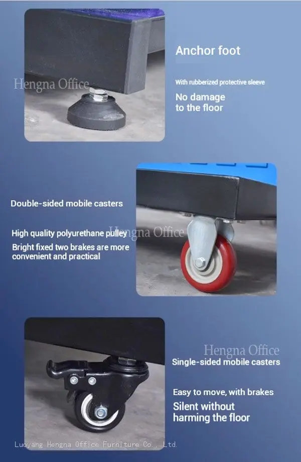 Close-up of tool rack base components: Anchor foot with rubberized protective sleeve, double-sided mobile casters (polyurethane with brakes), and single-sided mobile casters.