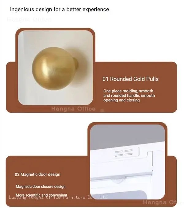 the details of the product: Rounded gold pulls and Magnetic door design