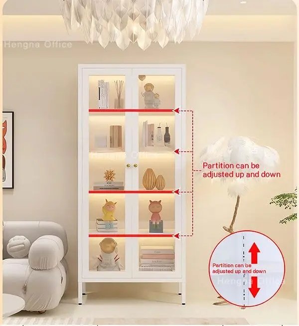 Double-door bookcases with adjustable shelves and transparent glass doors in a creamy white finish