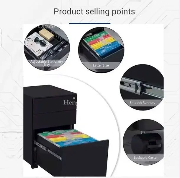 Black Vertical Filing Cabinet selling points: Adjustable stationery tray, letter size, smooth runners, lockable caster