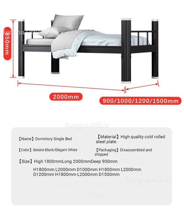 Heavy-duty black metal bunk bed with under-bed storage cabinets, L2000*W900*H1800mm, industrial grade for staff housing.