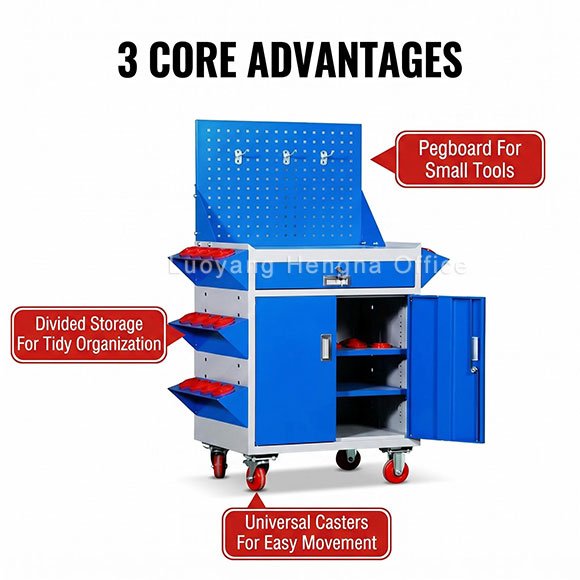 Mobile tool cabinet with knife holder slots, removable pegboard, and lockable double doors for industrial maintenance storage