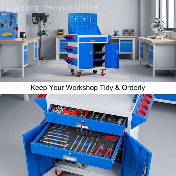 Knife holder slots on mobile tool cabinet holding utility knives and scrapers — vertical blade storage for maintenance technicians