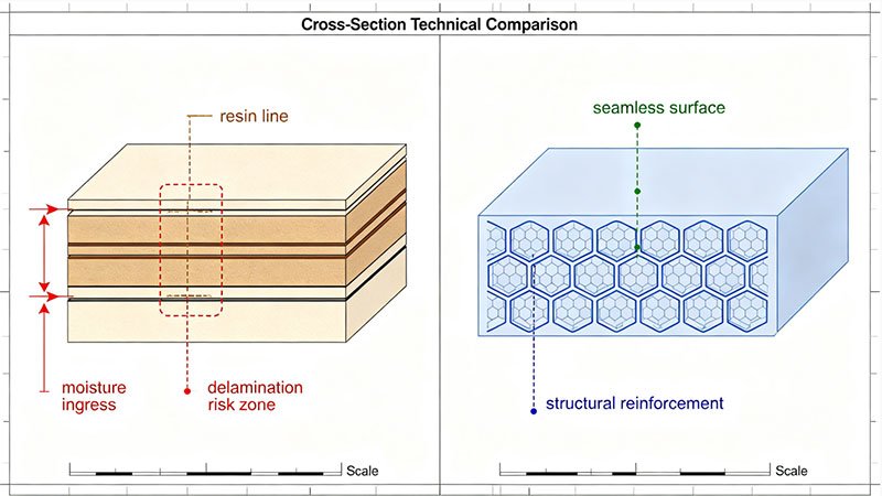 Cross-section comparison of HPL laminate layers vs ABS single-piece molded structure