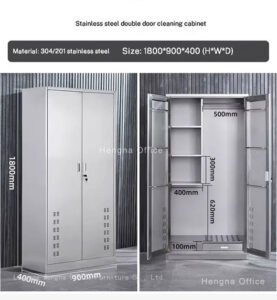 Janitorial Cupboard with Drain Pan, 304 SS, Lockable Double Door, Built for Wet Areas