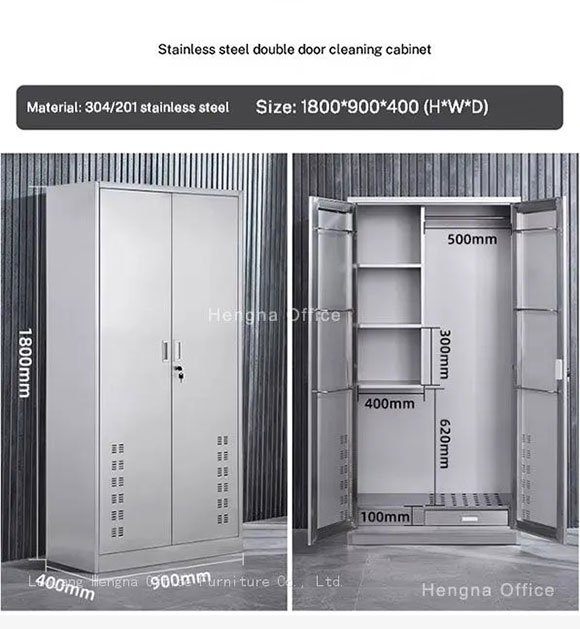 Janitorial cupboard 304 stainless steel double door lockable for wet areas