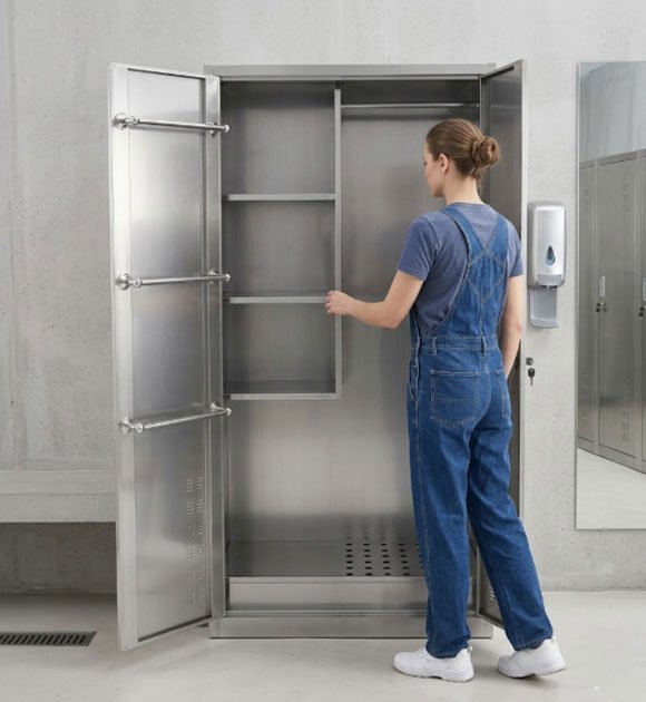 Architect specified broom closet with drain and lock in office building janitor room