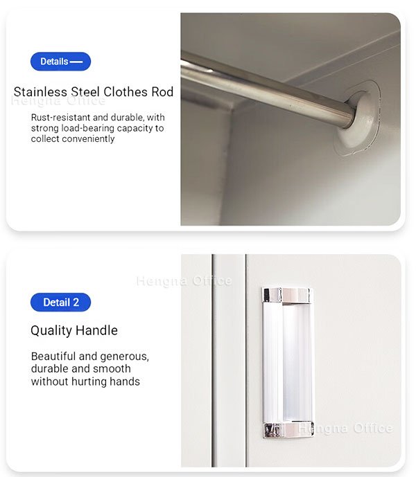 Inside of 4 door food plant locker showing stainless steel hanging rod and individual compartments