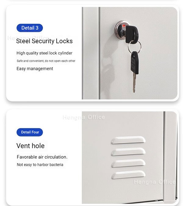 Slotted door vent and recessed alloy handle on food plant locker easy clean surface