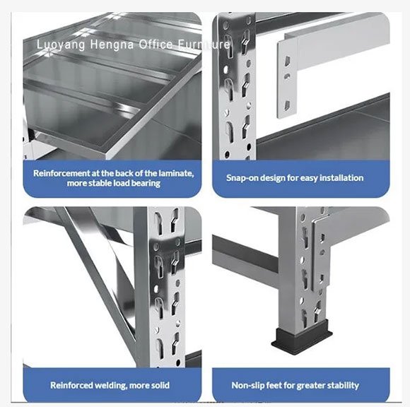 Close-up of 304 stainless steel food grade shelving details: back reinforcement for load bearing, snap-on butterfly connector design, reinforced welding points, and non-slip base feet. HACCP-ready construction.