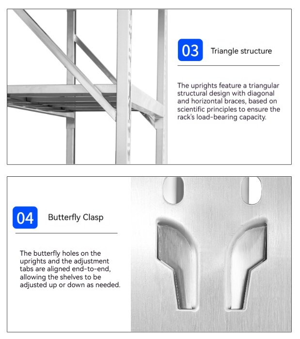 Close-up of 304 stainless steel laboratory shelving: triangular upright structure with diagonal and horizontal braces, and butterfly clasp connector for tool-free shelf height adjustment.