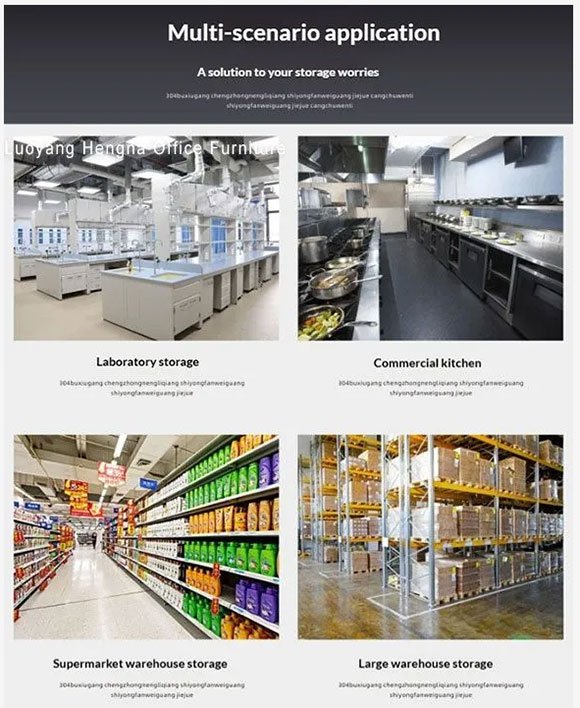304 stainless steel shelving installed across four scenarios: laboratory storage, commercial kitchen, supermarket warehouse, and large industrial warehouse. Demonstrates material versatility and load capacity for different storage needs.