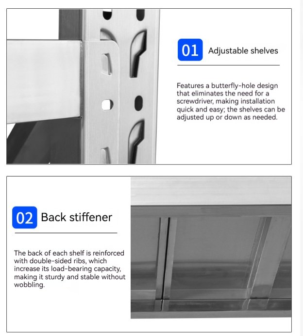 304 stainless steel laboratory shelf showing adjustable butterfly-hole design and back stiffener with double-sided reinforcement ribs for load capacity and stability.